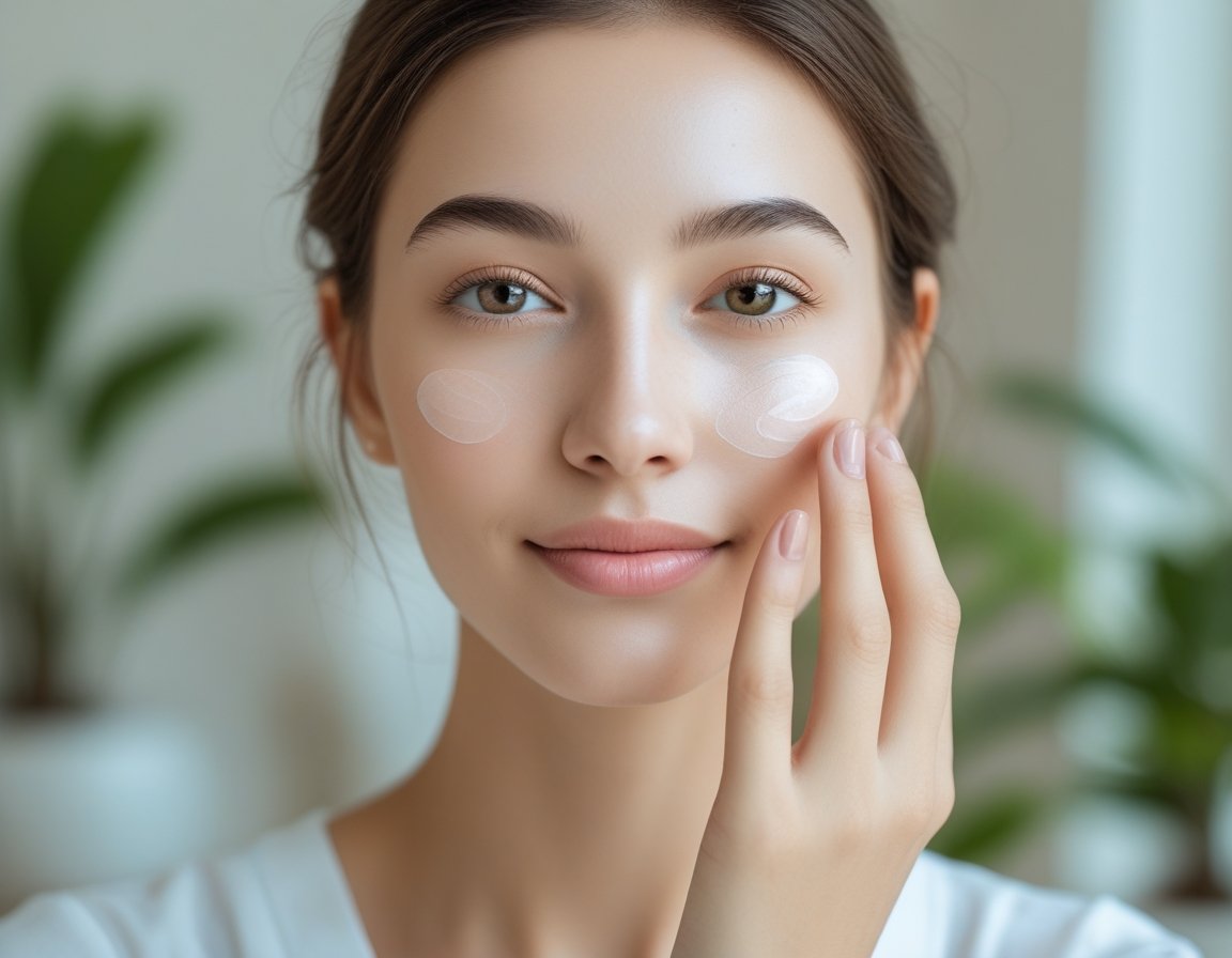 Close-up of a young woman with clear skin gently touching her face, sitting in a bright room with plants.